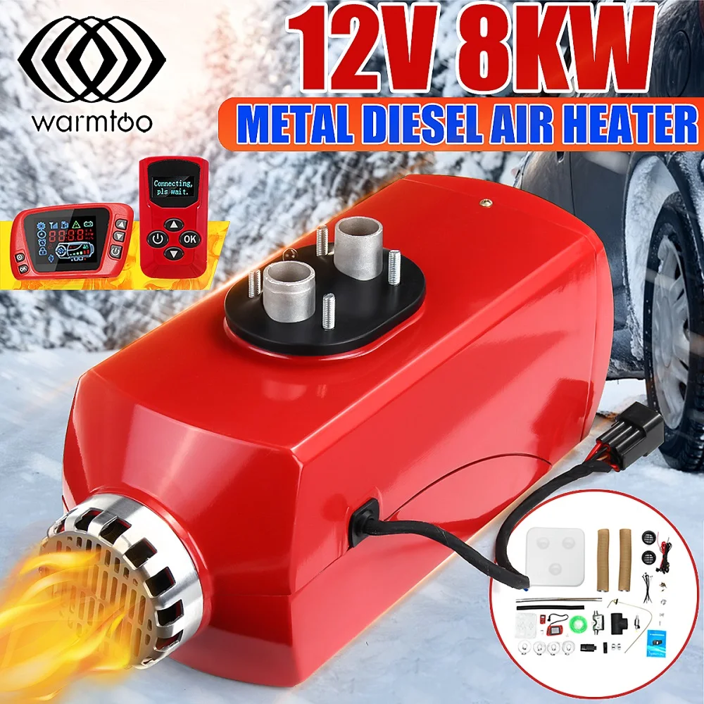 Metal Shell Red 8 кВт 12 в воздушный дизельный Обогреватель, автомобильный обогреватель, глушитель, топливный насос, ЖК-переключатель термостата, 2 выхода воздуха, согревающее оборудование для грузовиков, лодок, RV - Color Name: Metal Shell Red