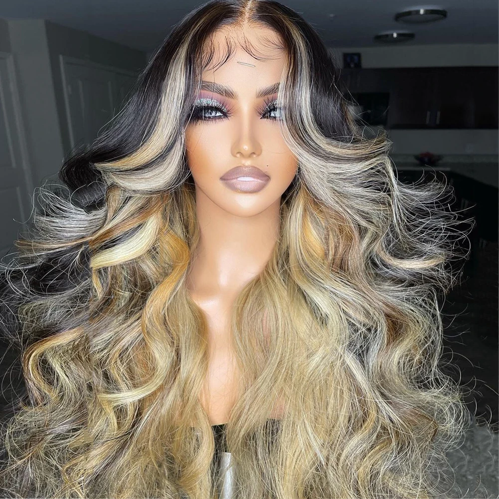 Ash Blonde Highlights Full Lace Wig for Women Black Roots Ombre Human Hair Wig Long Wavy 13x6 Lace Front Wig Pre Plucked 180%