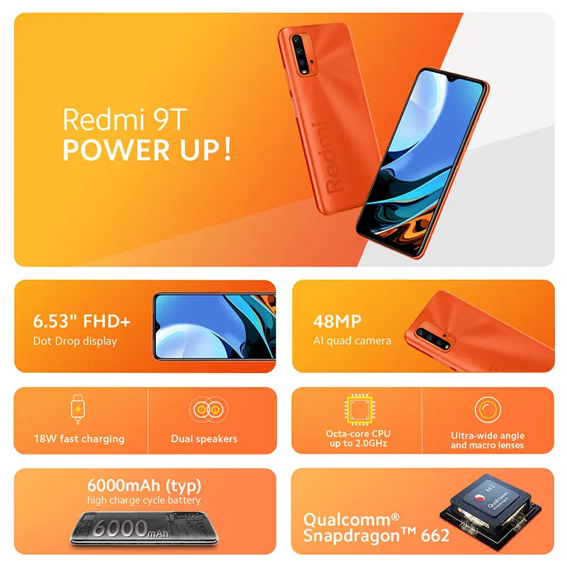 Xiaomi-smartphone Redmi 9T versi&oacute;n Global, tel&eacute;fono m&oacute;vil de 4GB, 64GB, 128GB, Snapdragon 662, ocho n&uacute;cleos, c&aacute;mara cu&aacute;druple de 48MP, pantalla FHD de 6,53 pulgadas, 6000mAh-1