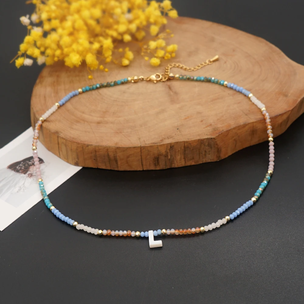 Go2Boho Shell Initials Pendant Necklaces Crystal Stone Beaded Choker Personalized Letter Customize DIY Necklace Fashion Jewelry