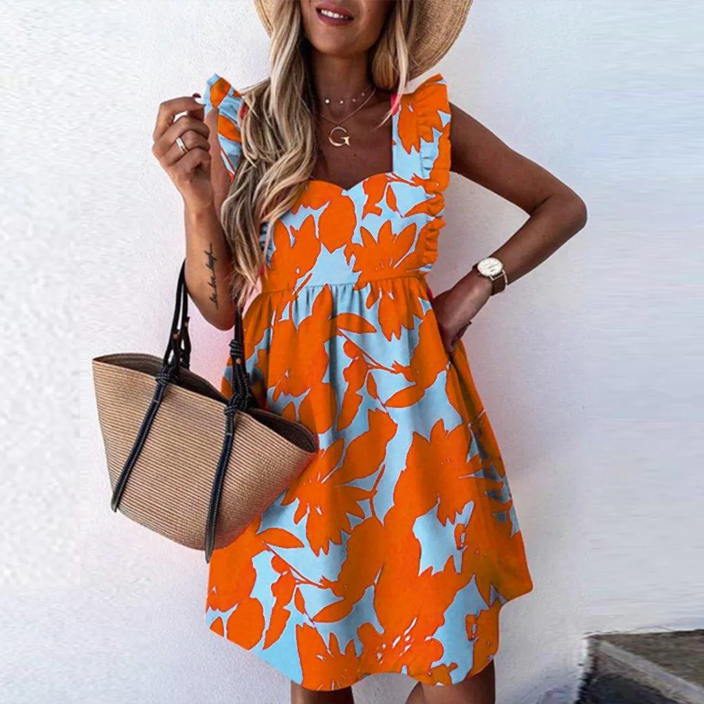 Платье женское с цветочным принтом повседневный короткий сарафан без рукавов