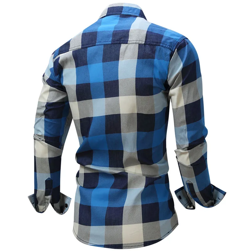 Nice Men Shirt Cotton Plaid Long Sleeve VogueSlim Blue Mens Clothing Camisa Masculina Europe Size Fashion | Мужская одежда