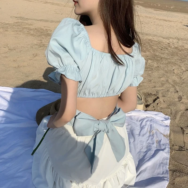 

Casual Korean Elegant Blouses Women Backless Bule Sexy Chic Sweet Cute Shirts Puff Sleeve Bow Bandage Fashion Designer Beach Top