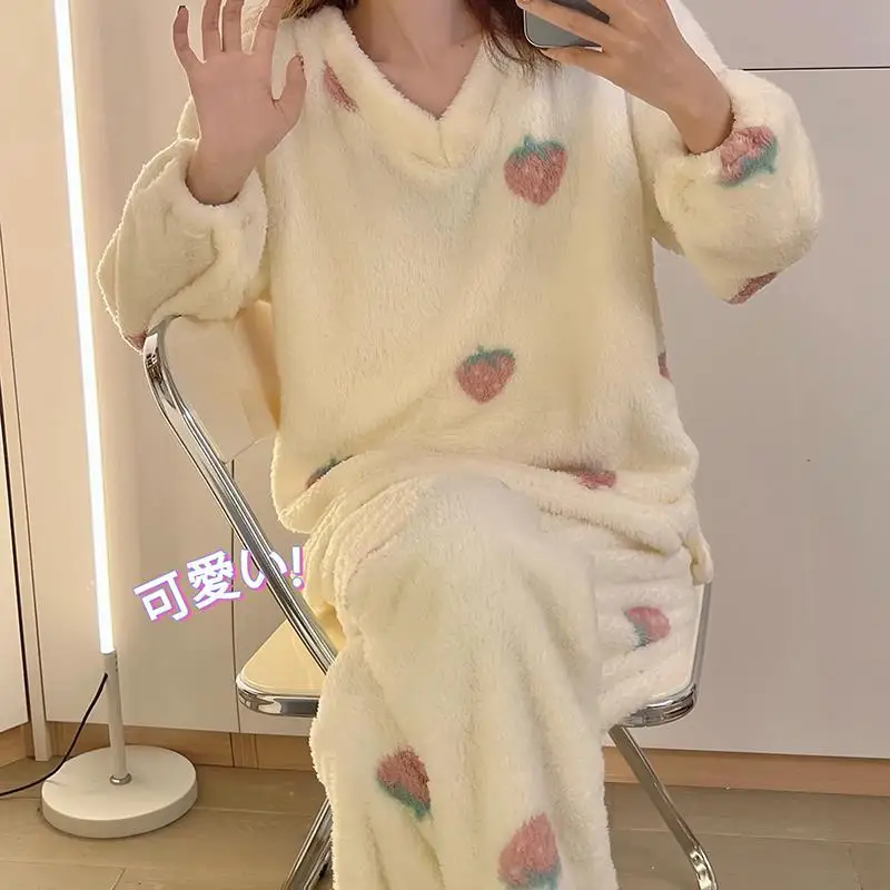 QWEEK Sleepwear Women Coral Fleece Pajamas Winter Home Clothes V Neck Strawberry Pyjamas loungewear Pijamas Kawaii Nightwear