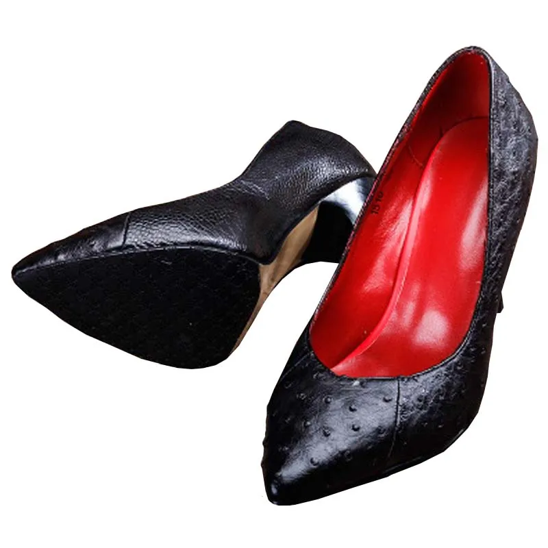 

ourui new true Ostrich leather female High heels pink low cut Single shoes female women shoes