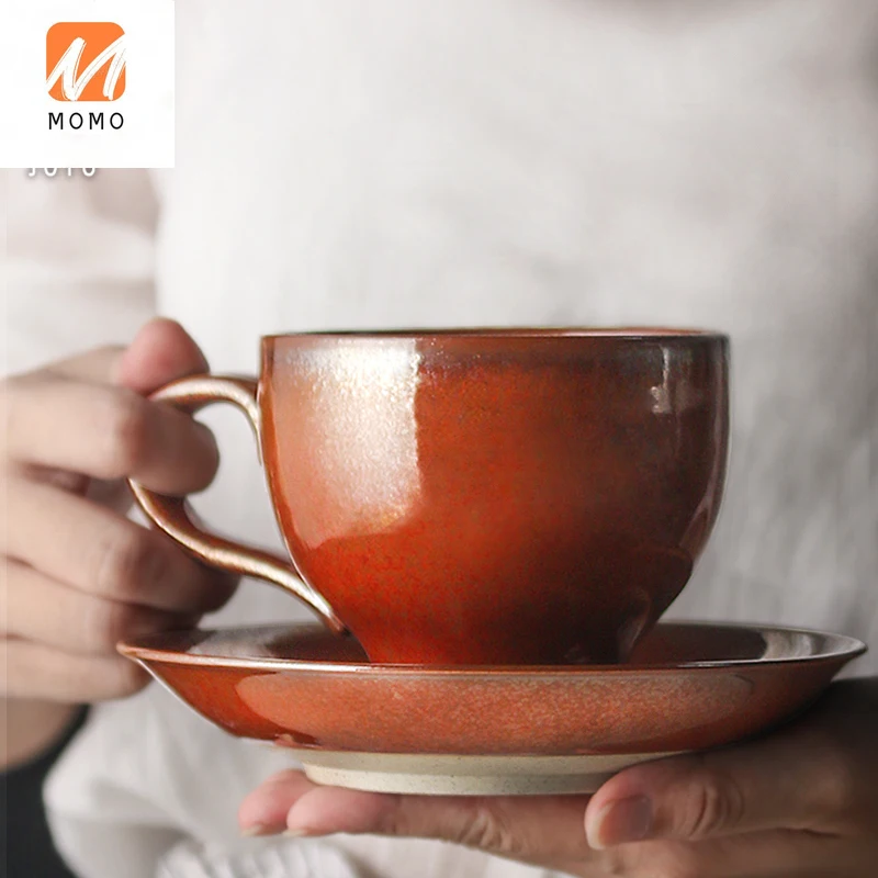 

Japanese Style Handmade Stoneware Coffee Cup with Saucer Set Kiln Baked Art Coffee Cup Afternoon Tea Home Hand Coffee Cup