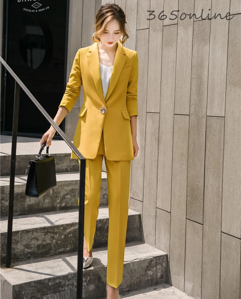 Новинка Желтые Формальные женские деловые брючные костюмы комплект из 2