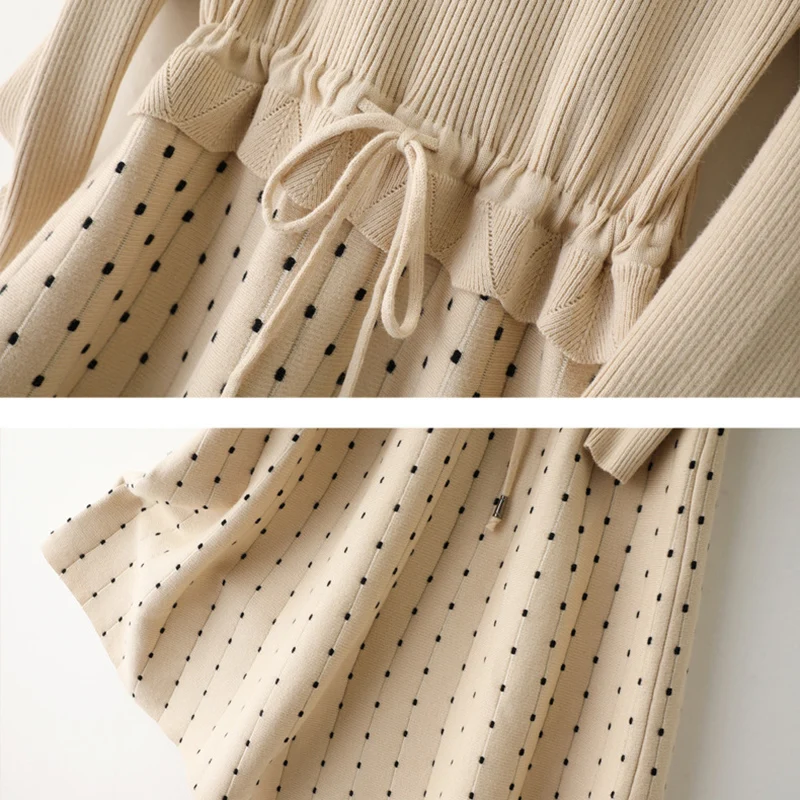 

Autumn Winter Dresses Women New Stitching Fake Two-piece Knitted Dress Slim Half Turtleneck Pullover Pull Sweater Dress Female