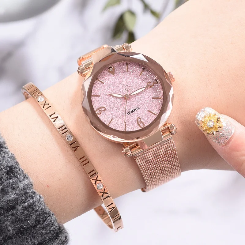 Женские часы с сетчатым ремешком звездное небо модные свободные порошковым