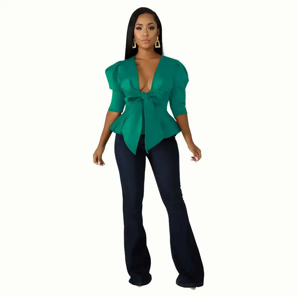 

Women Peplum Blouse Tops with Waist Belt Bowtie Half Sleeves Deep V Neck Sexy Party Clubwear Night Date Out Evening Bluas Ladies