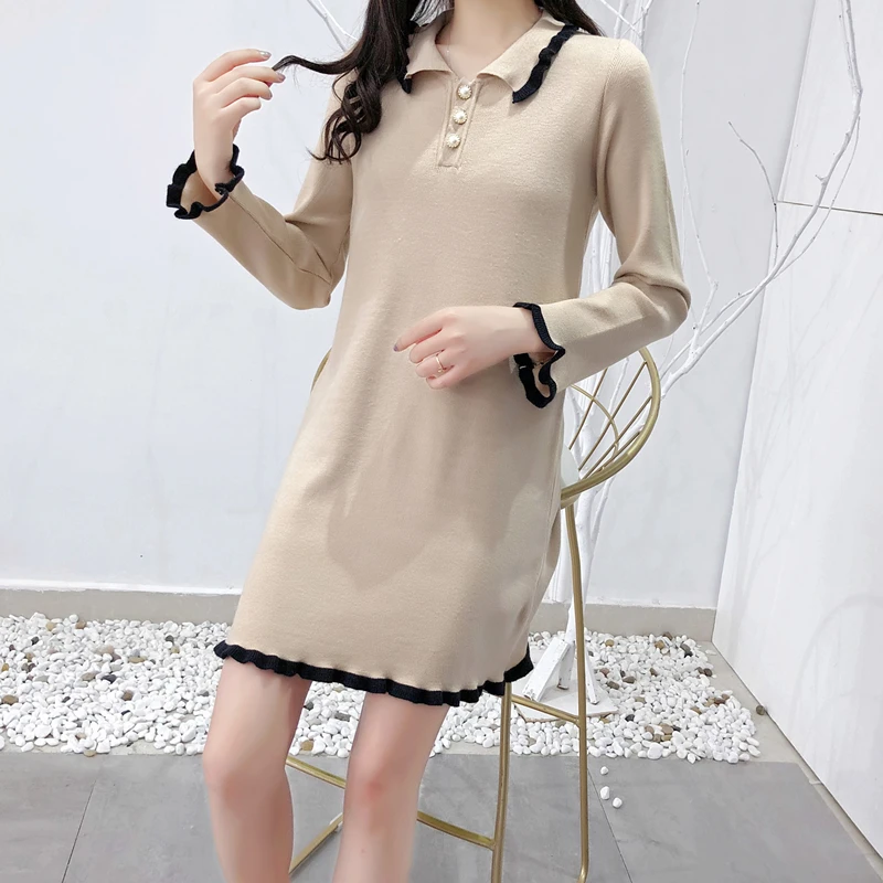 

New 2020 Square Neck Dress Pearl Button Petal Sleeve Multi-color Korean Casual Slim Dress Fashion Lady Knitted Dress