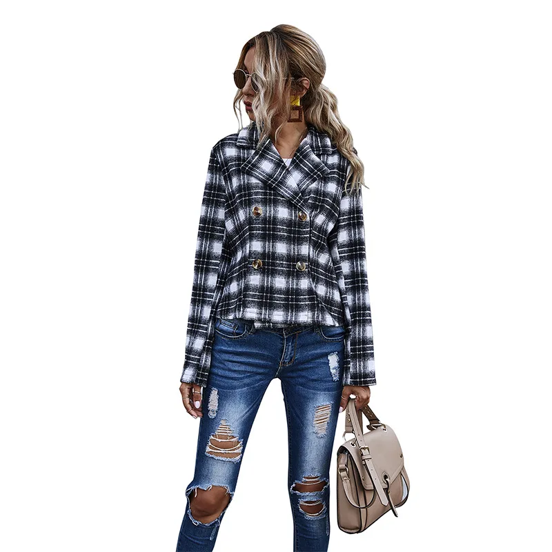 

Autumn and Winter Double-Breasted Large Lapel Short Plaid Fashion Street Shooting Style Coat