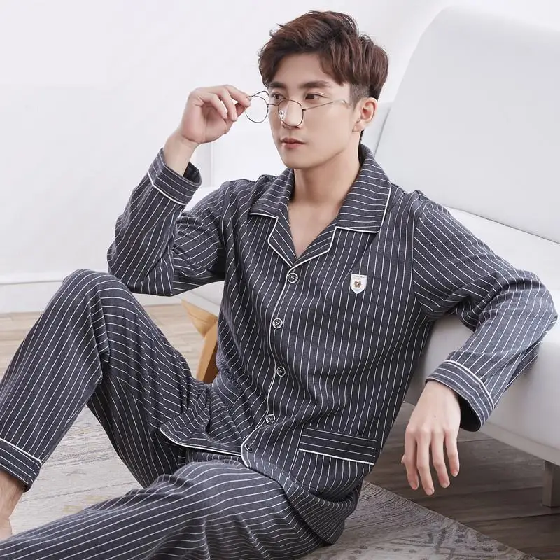 100% Cotton Mens Pajama Sets Autumn Spring Male Sleepwear Suits Clothing Shirt+pants 2pcs Long Sleeve Striped Man Clothes Y94