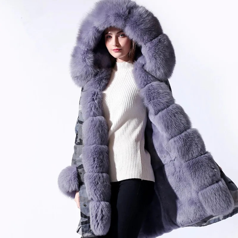 

Winter Women Fur Parkas Coat Jacket Rex Rabbit Lining Fox Hoody Cuff Lady Warm Outerwear LF2016