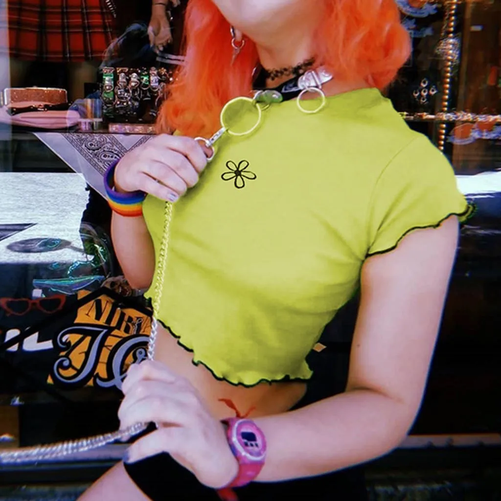 Женские укороченные топы с цветочным принтом футболка коротким рукавом женская