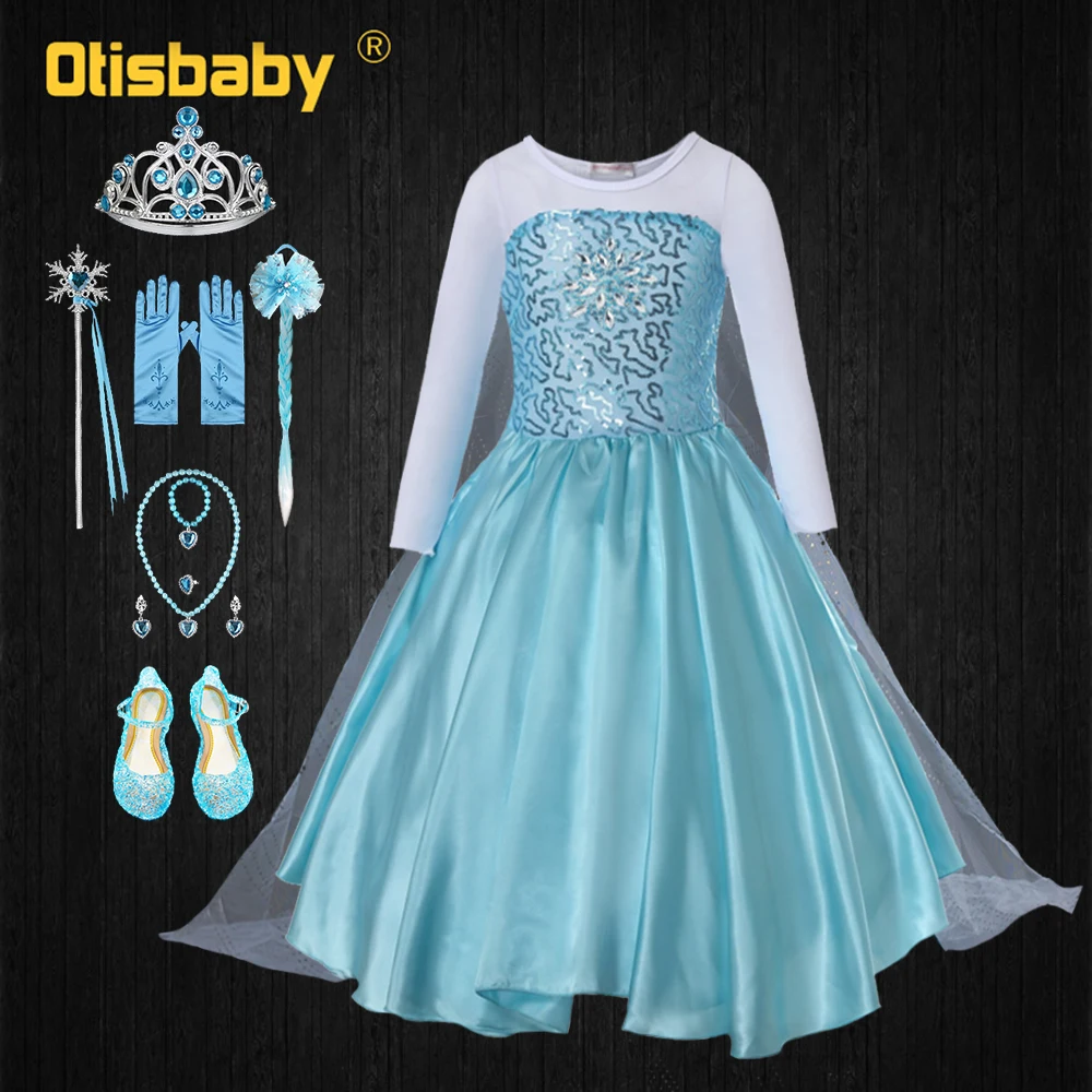 

Summer Girls Elsa Dress Halloween Elsa Costume Infant Girl Party Pageant Dresses Fantasia Elsa Elza Long Frocks Children Wig
