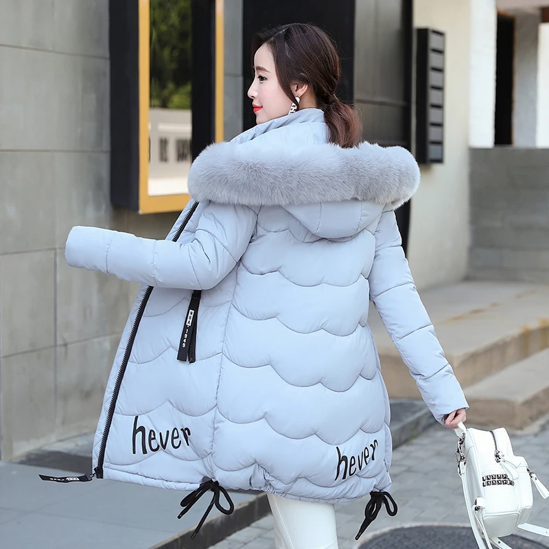 

Winter Down Jacket Women's Long Cotton clothing Fashion Zipper Letter Woman Hooded fur collar Women's Parker down jacket coat