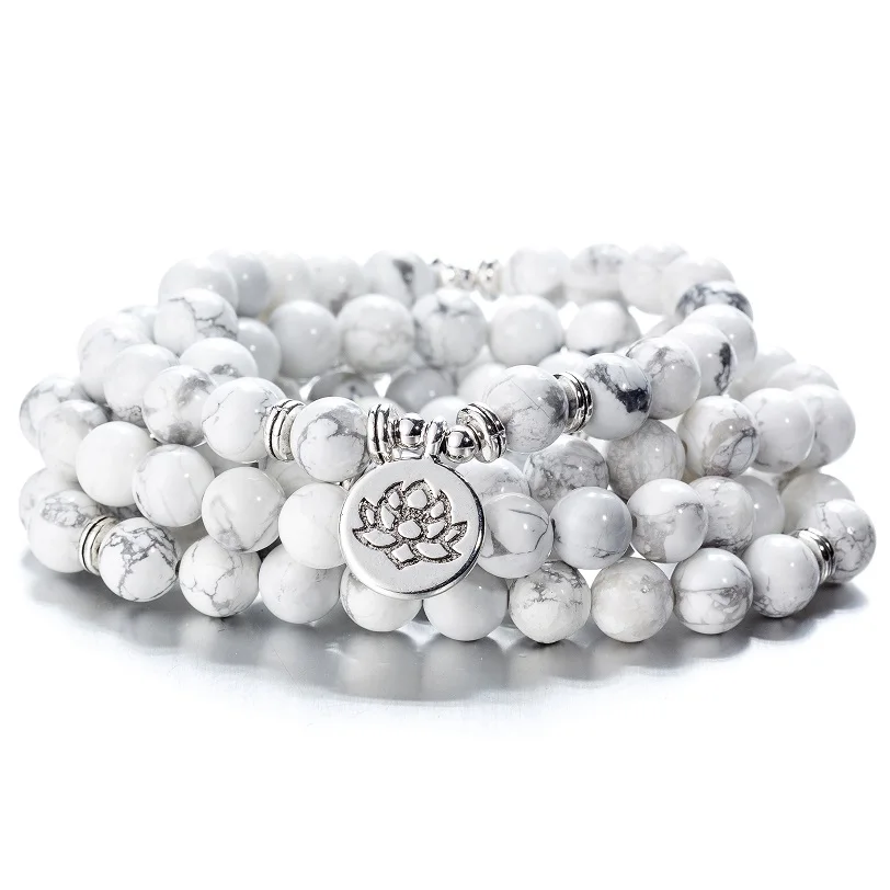 howlite lotus 108 бусы натуральные камни Мала Будда Лотос дерево чакра Йога пара очарованные эластичные браслеты - Окраска металла: howlite lotus