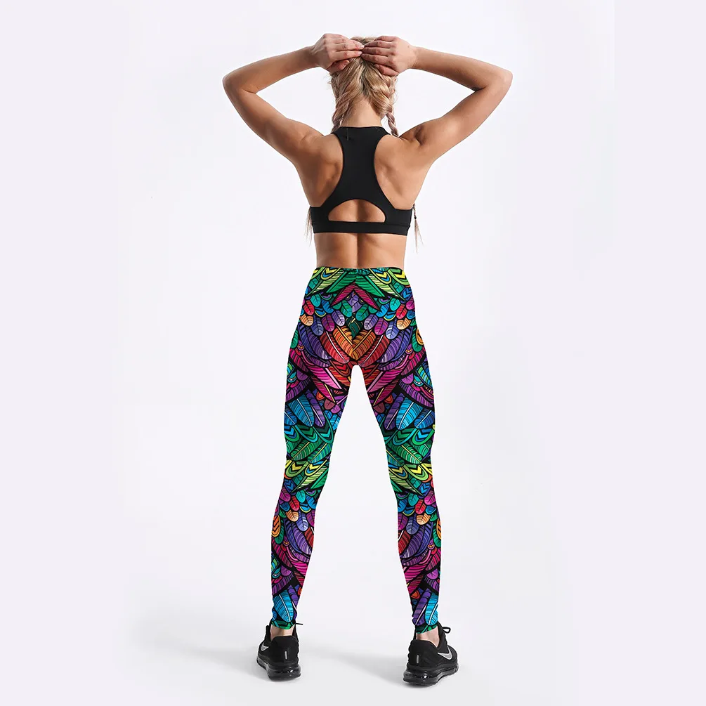 

Summer New Arriaval Color Feathers 3D Printed Women Sexy Fitness Activewear Elastic Mid Waist Trousers