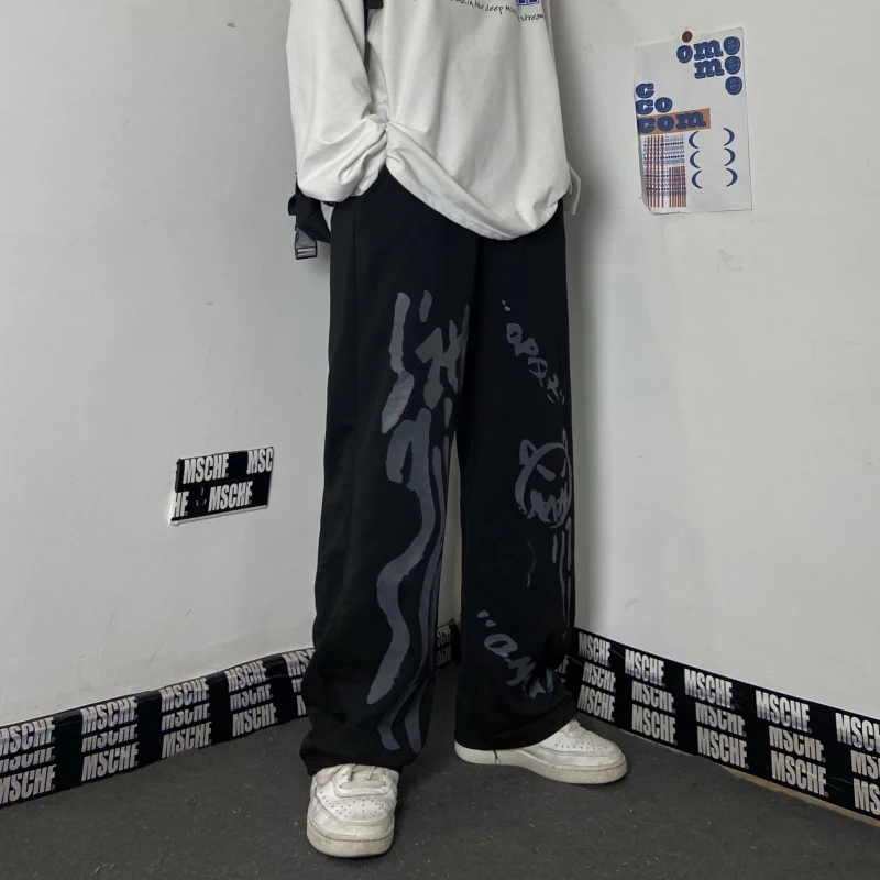 

Female fashion printed INS Harajuku Japanese bomb street dark black sub-style graffiti straight pant trousers women's clothes