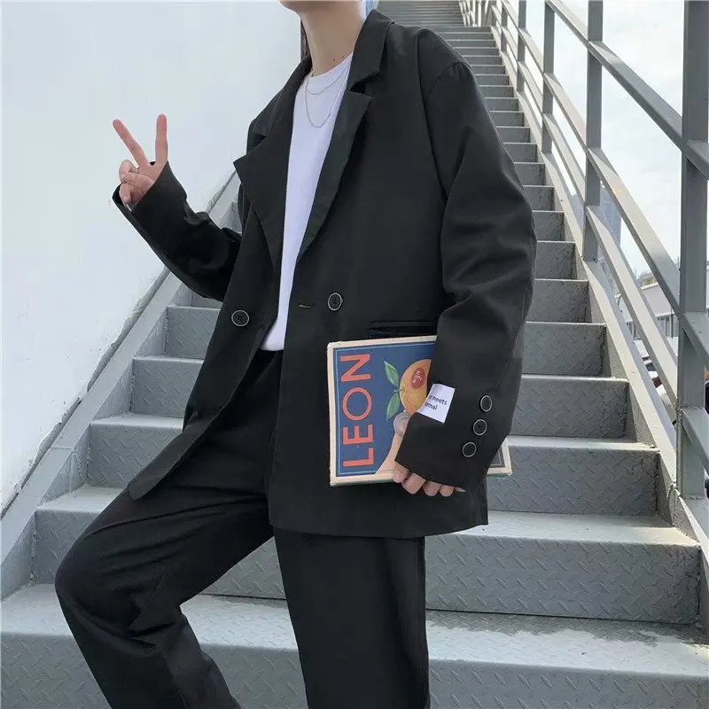 

Men Sets Solid Casual Chic Fashion Korean Style Chic Streetwear Male Outwear Single Breasted Young Daily Simple Loose