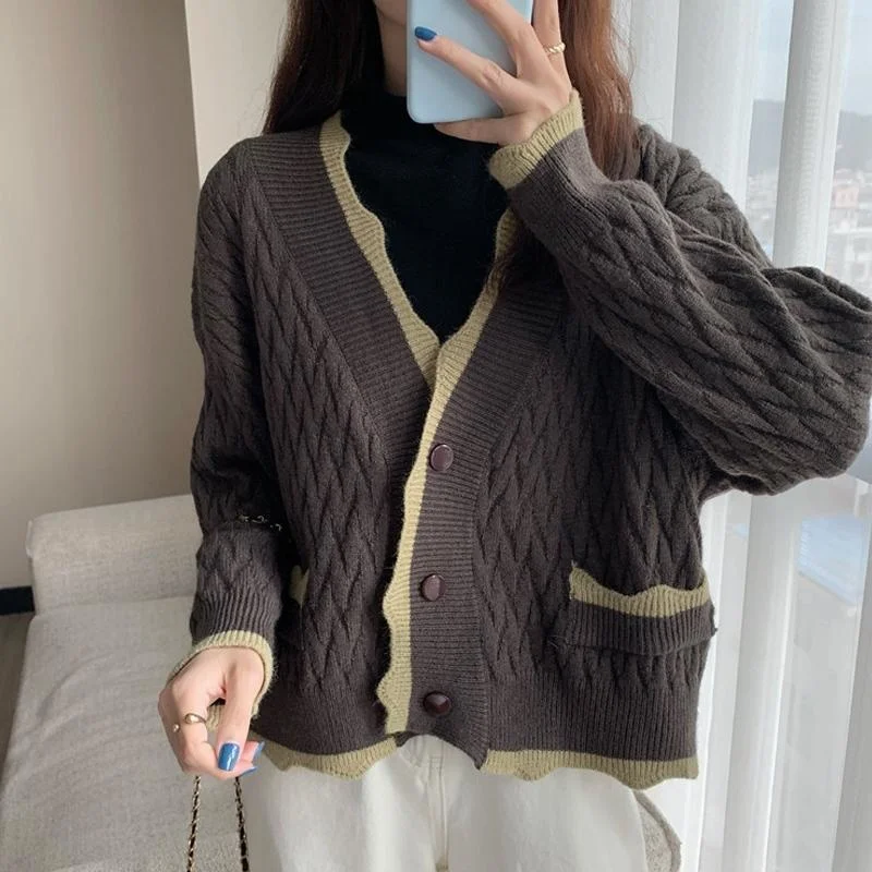 Осенне-зимний новый корейский вязаный кардиган с v-образным вырезом контрастного