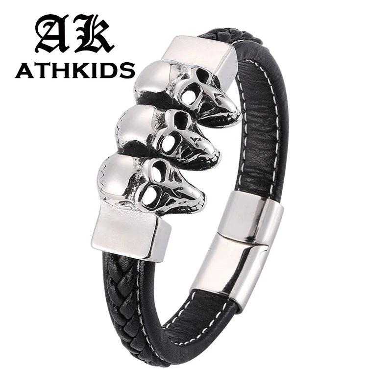 С черепом из нержавеющей стали кожаные браслеты черный плетеный кожаный чехол с
