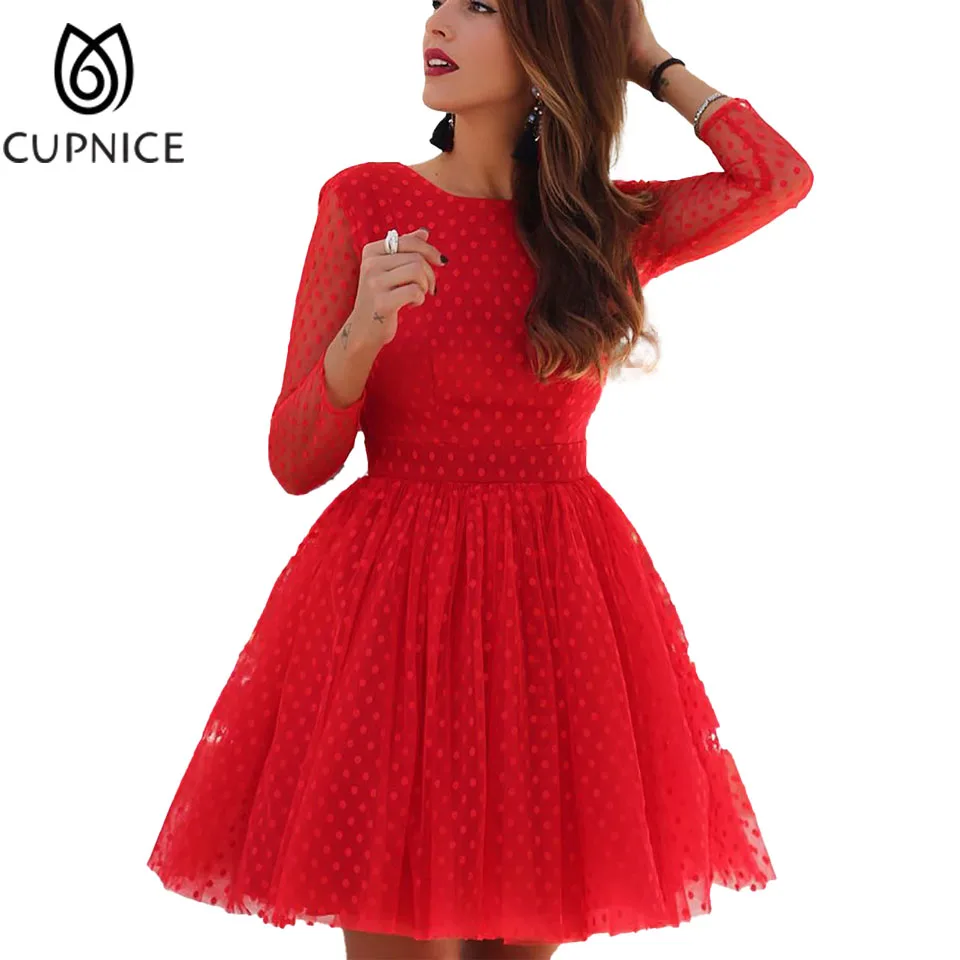 

CUPNICE Wave Dot Print Long Sleeve Backless Short Evening Dress Women See-through Sweet Slim Fit Pleated A-line Tutu Skirt