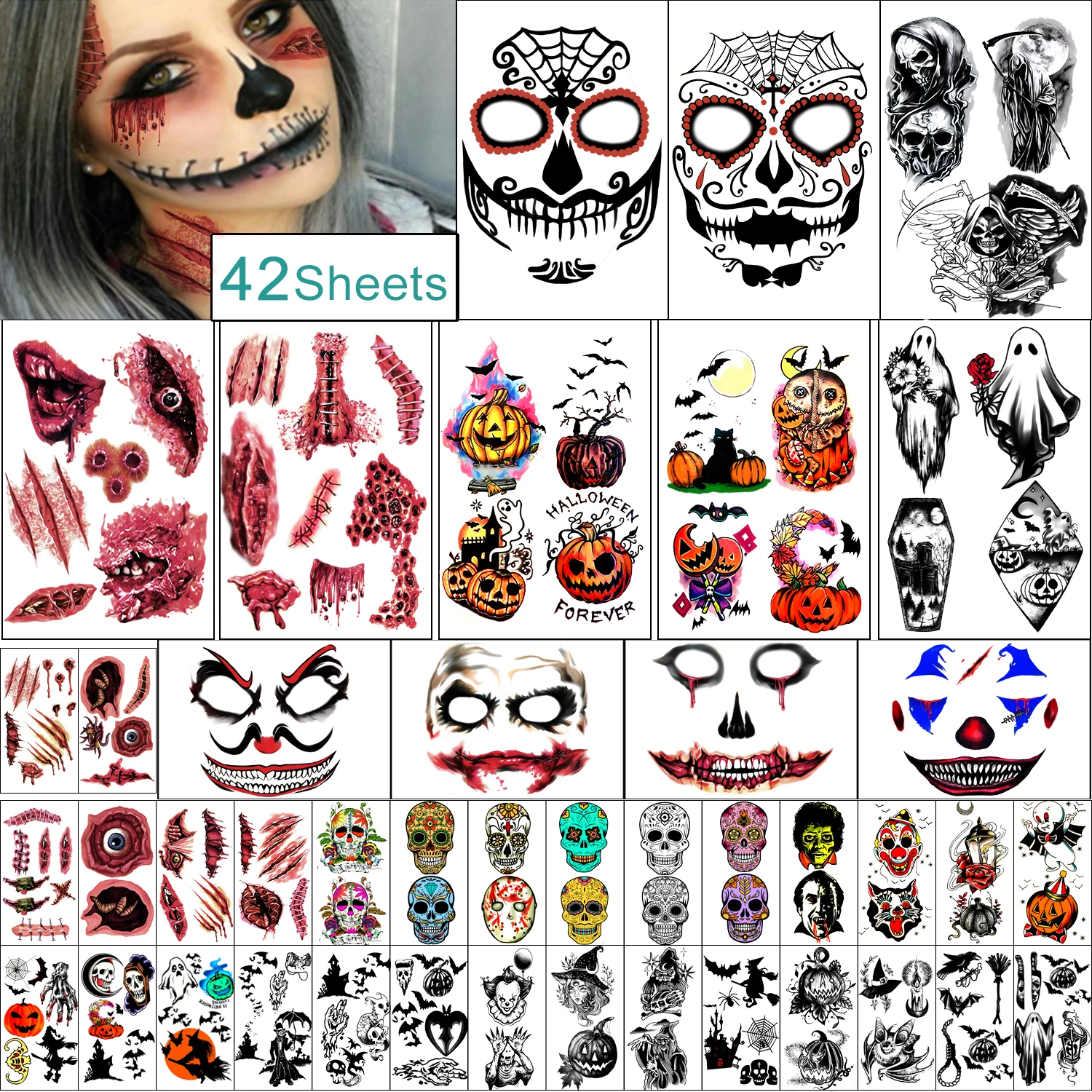 

42 Sheets Halloween Temporary Tattoo Family Set for Women Men Boys and Girls