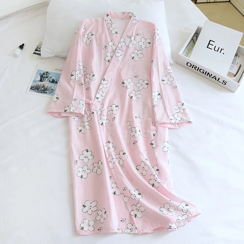 

Japanese Style Cotton Gauze Kimono Nightgown Simple Sweet Summer Nightdress three quarters sleeve Loose Robe Lady Home Cloth