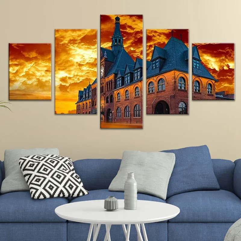 

Wall Art Print Pictures 5 Panel Retro Architecture Big Clock Tower Landscape Modern Canvas Paintings Modular Poster Home Decor