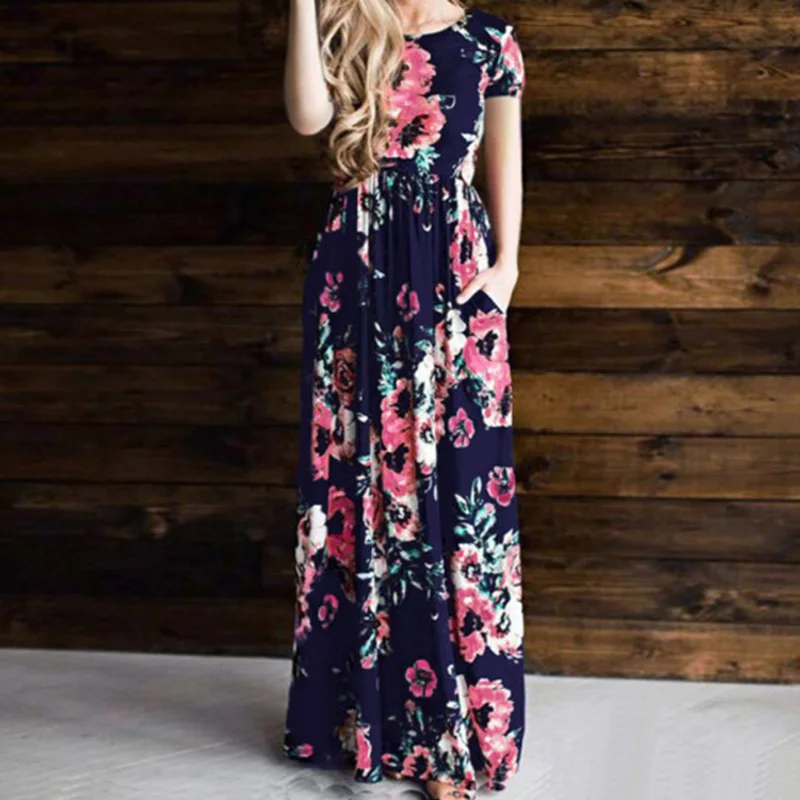 Женское платье макси с коротким рукавом белое Повседневное в пол цветочным