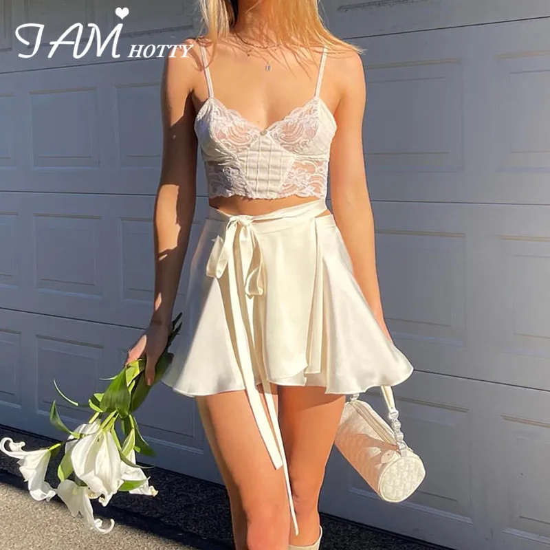 

White Lace Up Bandage A-line Mini Skirt Women Elegant High-waisted Pleated Skirts Korean Style Kawaii Ruffle Skirt 90s Iamhotty