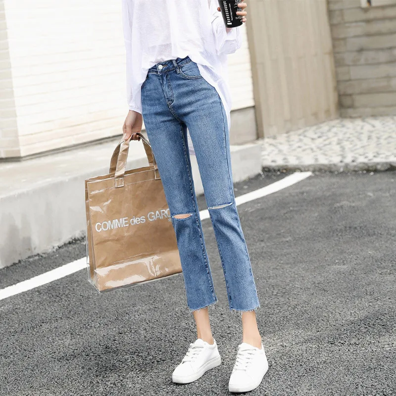 

2021 Spring and Summer New Cropped Jeans Women's Straight Loose Stretch Thin Cropped Trousers Ripped Jeans for Women Jeans