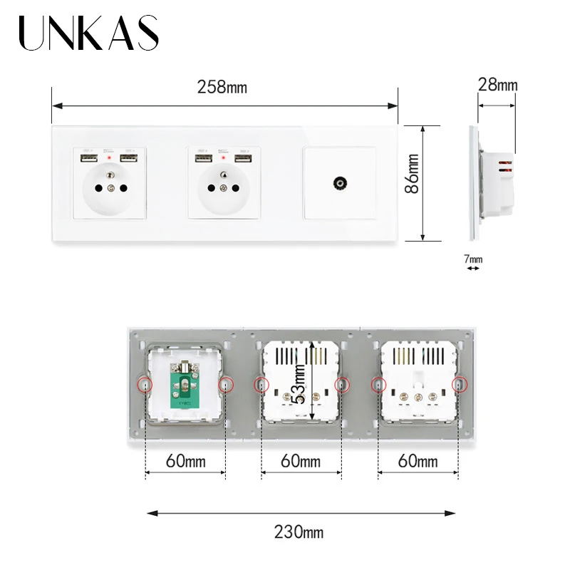 Двойная французская стандартная розетка со стеклянной панелью UNKAS с 4 USB портами