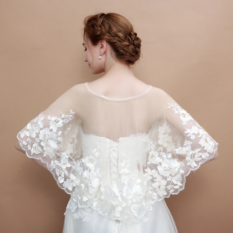 Champagne Embroidered Flower Wrap Elegant Women Sheer Summer Cape Hi-Lo Appliqued Shawl Bridal Wedding Accessories Handmade