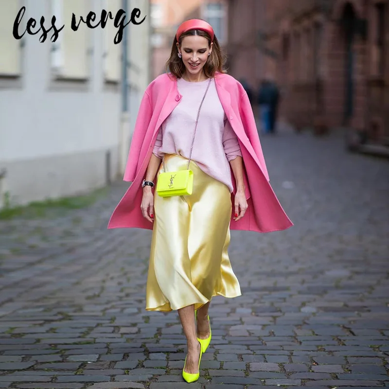 Lessverge высокая талия элегантные атласные длинные юбки для женщин трапециевидная