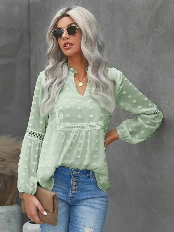 

BOHO INSPIRED Long Sleeve Women Blouse Shirt white polka dot Boho Shirts Tops V-Neck women Tops chiffon plus size blouse women