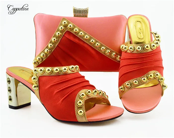 

Peach Ladies Shoes And Purse Bag Set Italian Design African Woman High Heels Slippers And Handbag Pumps Clutch MM1090 7.5cm