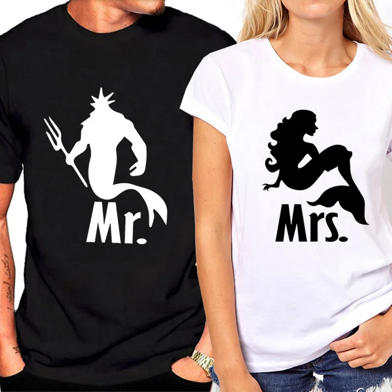 

Fashion Couple Clothes Mermaid Print Funny T Shirt Femlae Short Sleeve Loose Tee Shirt Couple T-shirt for Women Summer Top