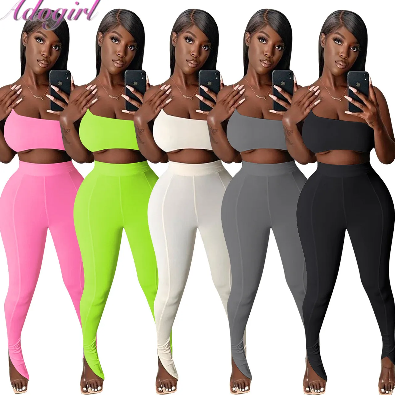 

Fitness Summer Activewear Two Piece Set Women Solid One Shoulder Sleeveless Tank Tops Legging Sweatpants Outfit Jogger Tracksuit