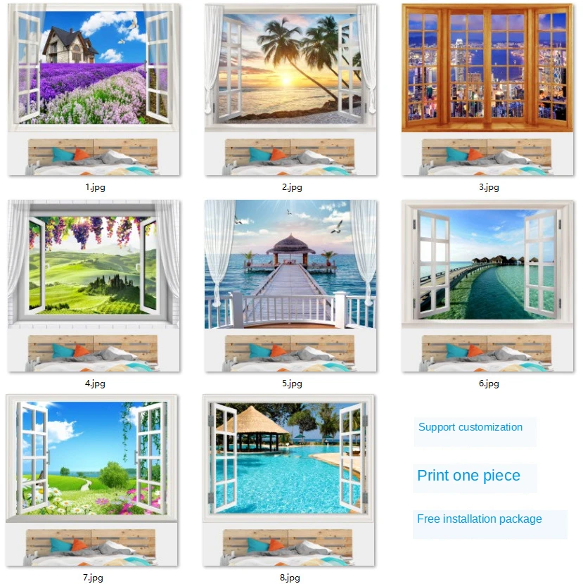 

3d Stereo Fake Window Beach Natural Scenery Tapestry Cloth Live Net Red Background Cloth Bedroom Dormitory Bedside Wall Cloth