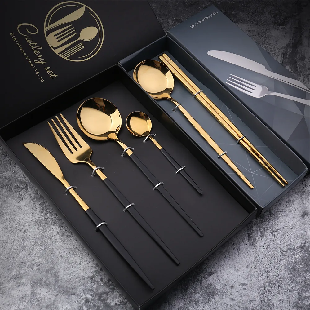 

4pcs Dinnerware Set Cutlery Knives Forks Spoons Kitchen Western Steak Stainless Steel Home Dinner Party Tableware Set With Box