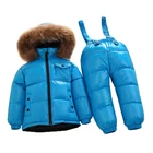 Лыжный костюм для мальчиков и девочек, зимняя детская одежда, детский спортивный комплект из 2 предметов, куртка на утином пуху с меховым капюшоном и теплые водонепроницаемые штаны, 2019