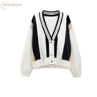 oversized womens mink wool sweater cardigan jacket female korean version loose v neck long sleeved black and white contrast top