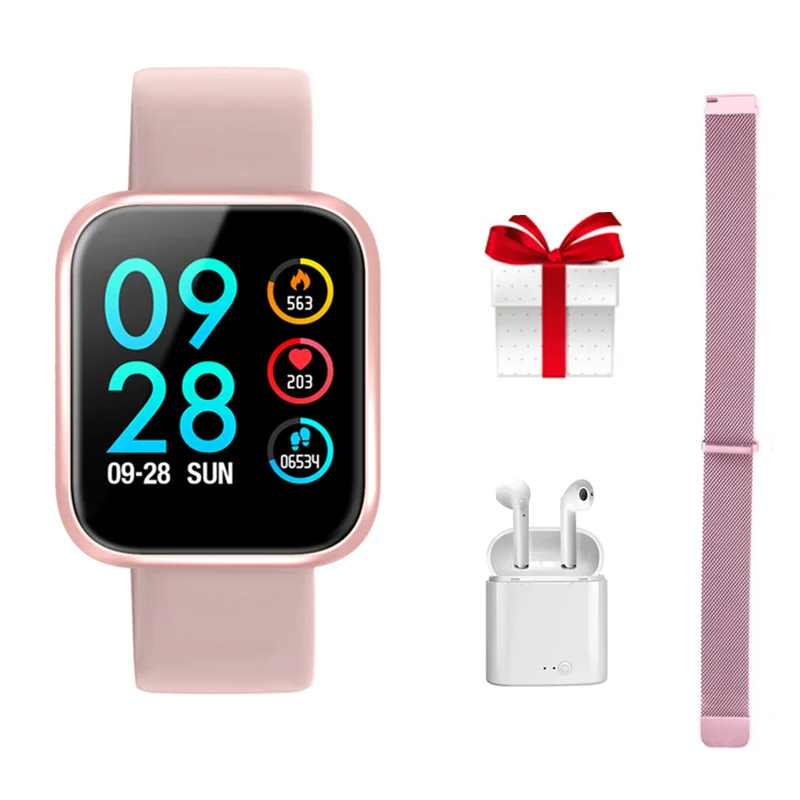 Pink Умные часы+ наушники+ ремешок/комплект IP68 водонепроницаемый монитор сердечного ритма кровяное давление кислород Relogio Inteligente спортивные умные часы - Цвет: Pink