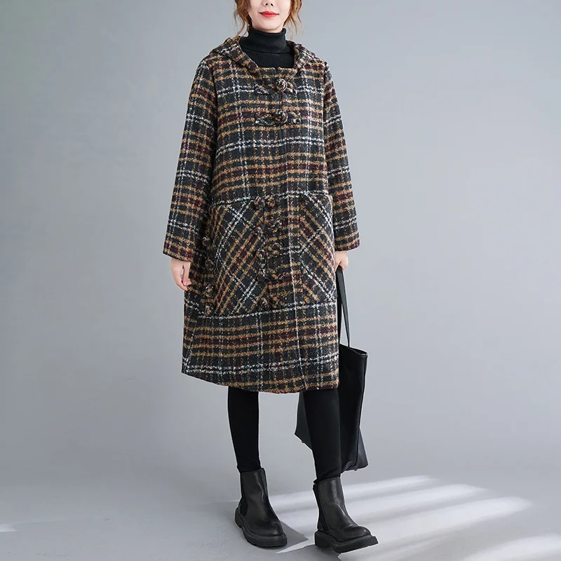 

CMAZ 2021 Autumn Winter Thick Coats for Women Buckle Winter Clothing Plaid, Brushed Thickened Warm Coat Hooded Long Fat Girl Lar