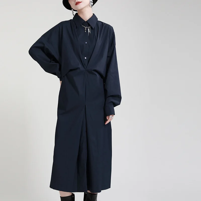 

Autumn Women's Wear 2021 New French Temperament Literary Style Waist Design Shirt Dress Loose Medium Long Skirt
