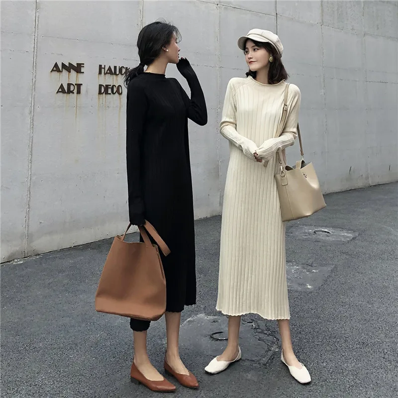 Женское платье-свитер с высоким воротом Осень-зима 2019 модное корейский стиль