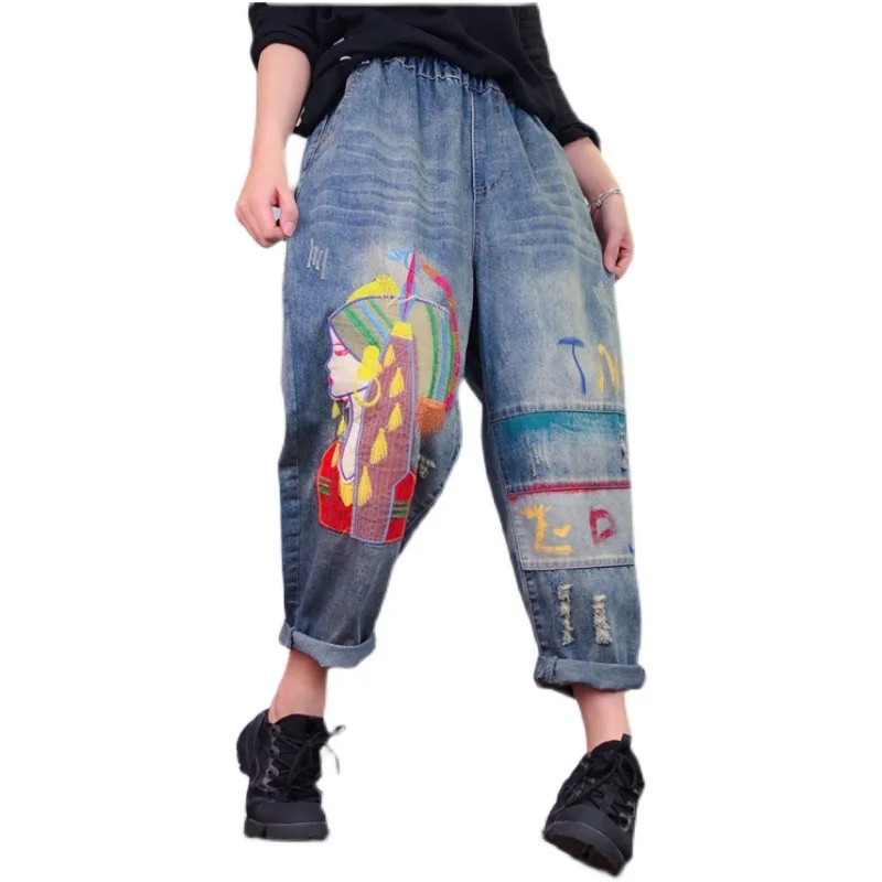 

SOUL OF TIGER 2021 Fashion Designer Spring Womens Printed Embroidery Jeans Ladies Ripped Denim Pants Female Oversized Pantalons